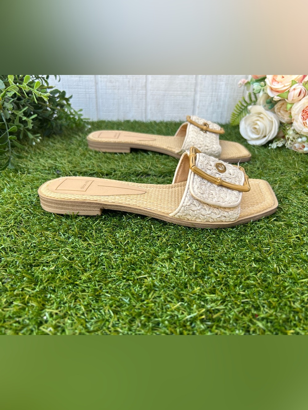 Dolce vita Woven decorative bamboo Buckle Slide Sandals in Cream size 7 new - Picture 5 of 11